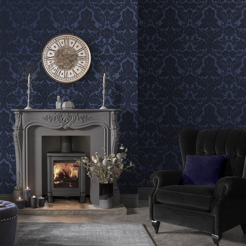 Gothic Damask Metallic Wallpaper Roll, Cobalt