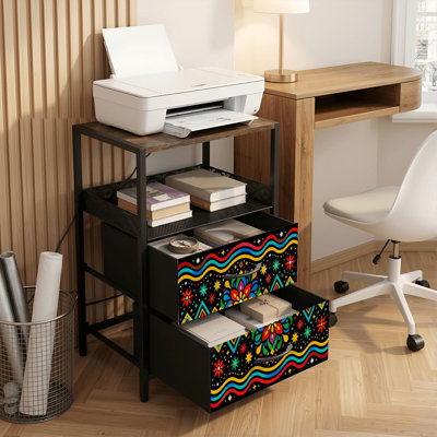 2 Drawers Nightstand with Charging Station, Bedroom Nightstand with USB Ports, Outlets Open Shelf Black, night stand with Colorful Geometric Mandala Wavy Stripes Star Elements Black Print