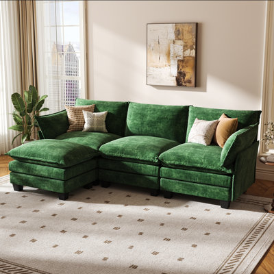 Modular Sectional Sofa, L-Shaped 4 Seater Cloud Couch with Ottoman, Chenille Modern Sectional Couches for Living Room, Green