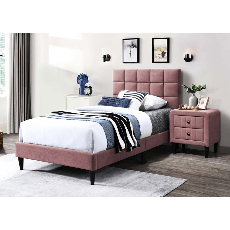 Lit simple avec 12 supports - mélange de lin et réglable pour une chambre à coucher confortable, Rose