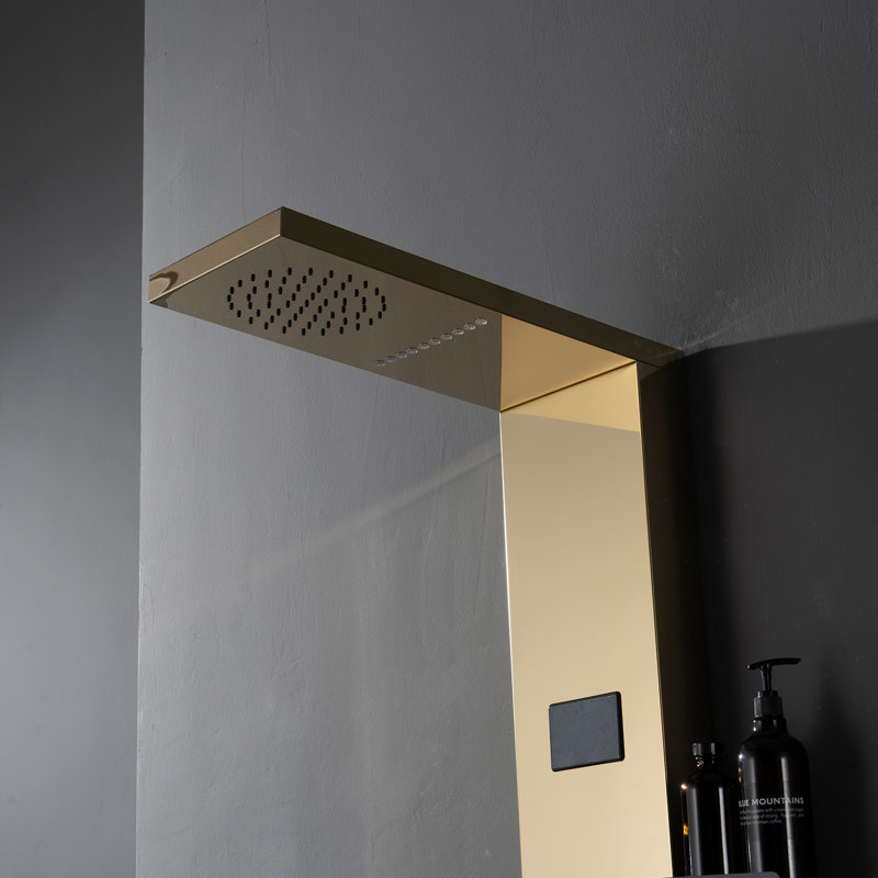 Double système de panneau de douche 4-en-1 2 jets de pluie avec pomme de douche, tablette, bec et lumière DEL, Or
