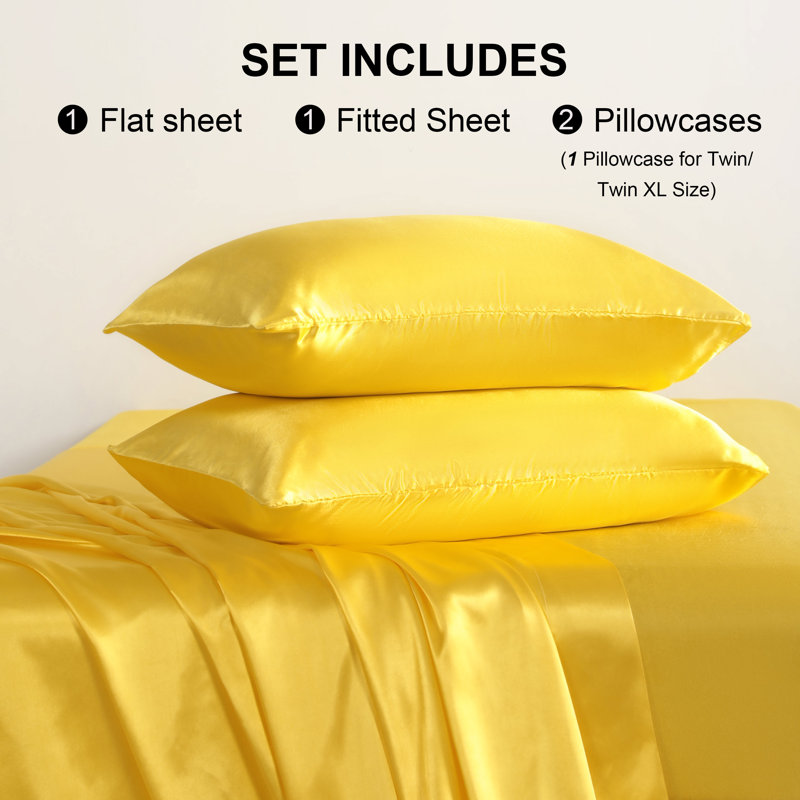 Luxury 4-Piece Satin Sheet Set - Satin Bedding Set, Twin Bedspread + 3 Additional Pieces, Bright Yellow