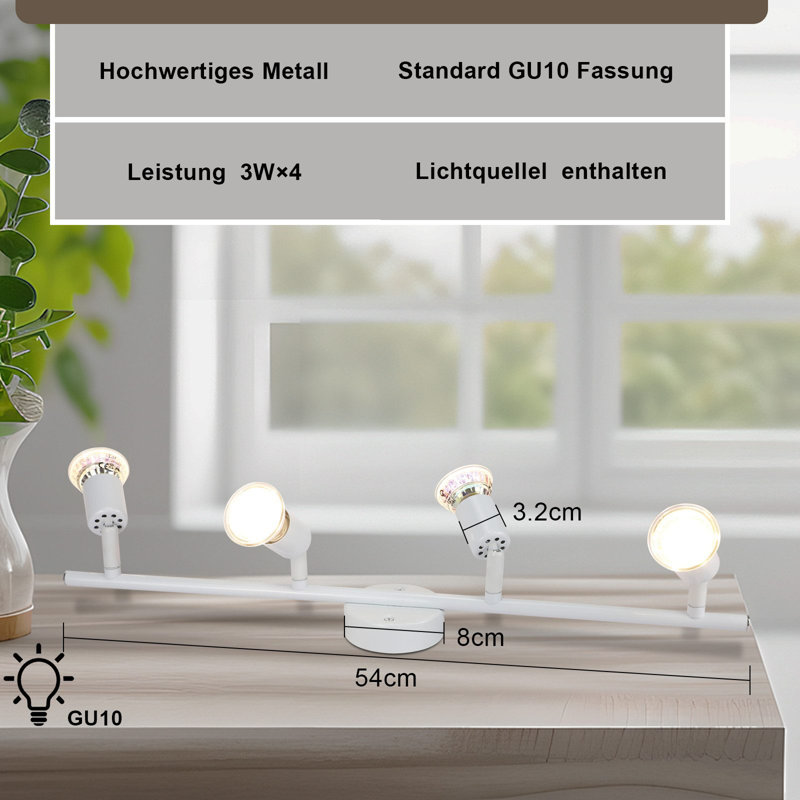 LED Ceiling Spotlight Swiveling GU10 4 Flame Ceiling Spots Industrial Living Room, White