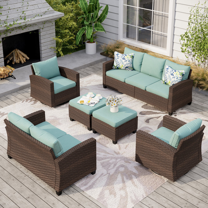 9 - Person Outdoor Wicker Patio Conversation Furniture Set  with Swivel Chairs, Blue