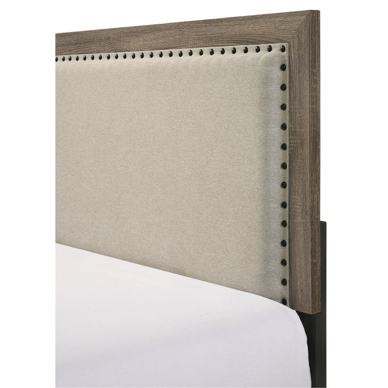 Très grand lit très tendance avec tête de lit tapissier en tissu gris et structure robuste en bois massif, Gris