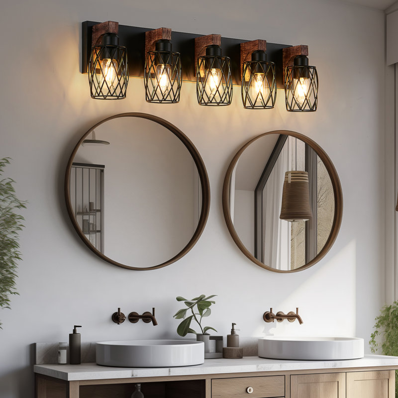 31-Inch Industrial Vintage 5- Wall Sconce With Black Cage And Wooden Accents For Bathroom, Hallway, Living Room, Bedroom, Dressing Entryway, Kitchen, Office - , , Easy To Install, Compatible E26