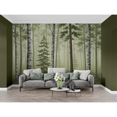 Misty Forest Wallpaper Mural, Birch and Pine Tree Wall Art, Neutral Green Woodland Decor, Scandinavian Nature Mural, Hand Painted 