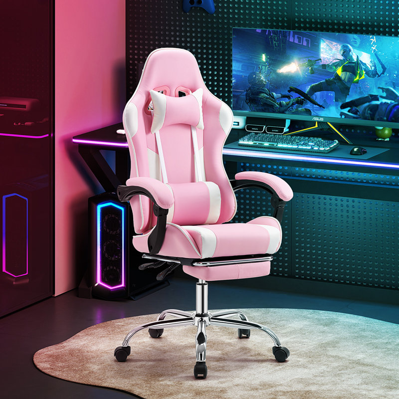 Ergonomic Adjustable Reclining Gaming Chair, High Back Office Chair with Lumbar Support, Headrest and Footrest, Pink