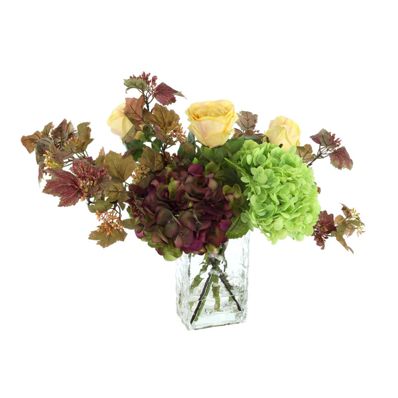 Hydrangea and Rose Fall Arrangement in Glass Ripple Vase