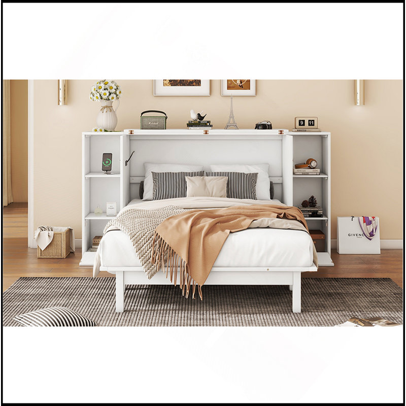 Lit escamotable double avec tablettes, tiroirs et ports USB, blanc