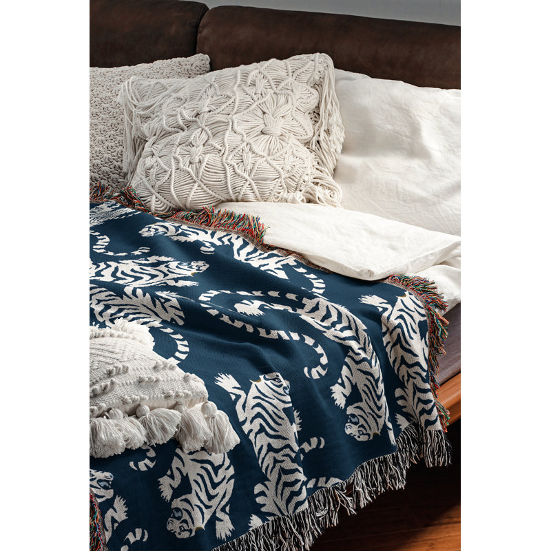 Leonard Tiger Cotton Blend Blanket Throw, 60" L x 60" W, Blue/Off White