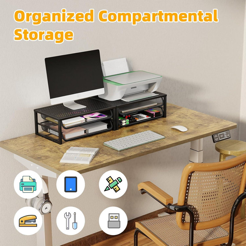2 Pack 2-Tier Metal Monitor Stand Riser And Computer Desk Organizer With 2 Drawer For Laptop, Computer, Imac, Black