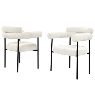 Of 2 Modern Boucle Fabric Armchairs With Black Metal Legs, Cream Upholstery, For Dining Room, Medium Firm Seats, Easy Setup Armchair Fabric, Frame, Color, Seating,