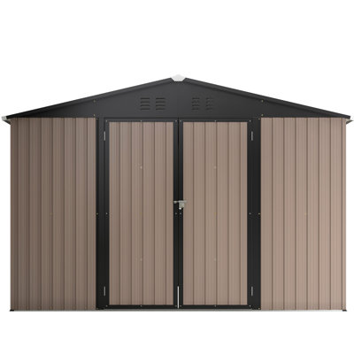 Brown Metal Storage Shed 10' X 10', With Lockable Door & Ventilation For Backyard Outdoor Use - Doors Ventilation, Brown, Ideal Garden, Backyard, Patio