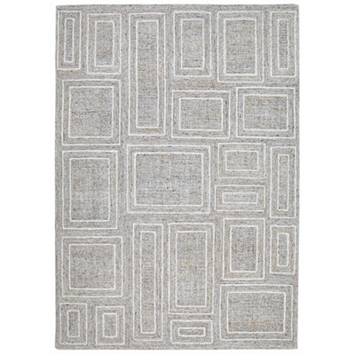 Bora Area Rug, Geometric Pattern, Polyester Gray White Wool, Cotton