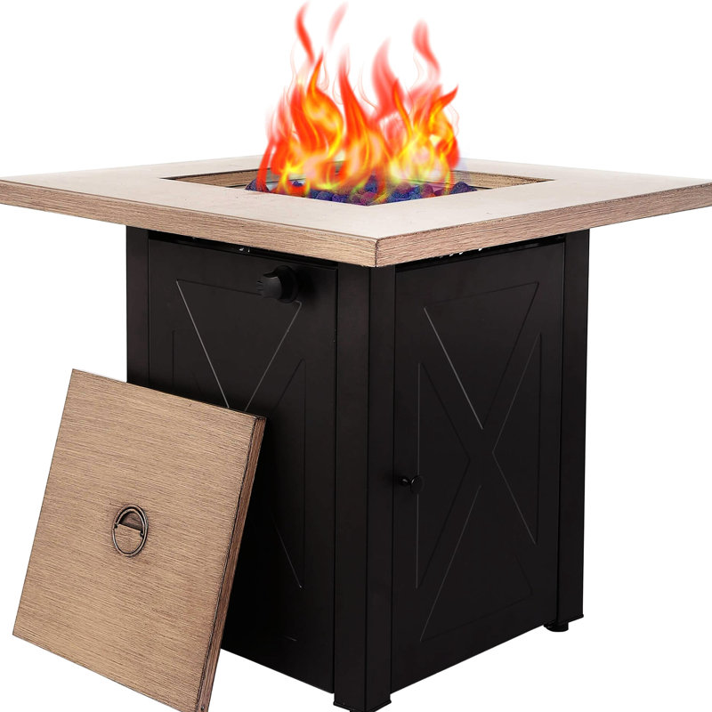 28Inch Outdoor Gas Fire Pit Table, 48000 . Square Propane Patio With . Bionic Wood Grain Lid. Great For Backyard, Garden, Party, Deck, Courtyard. Brown Steel. 28.36 In. Depth & Width, 23.39 Height,