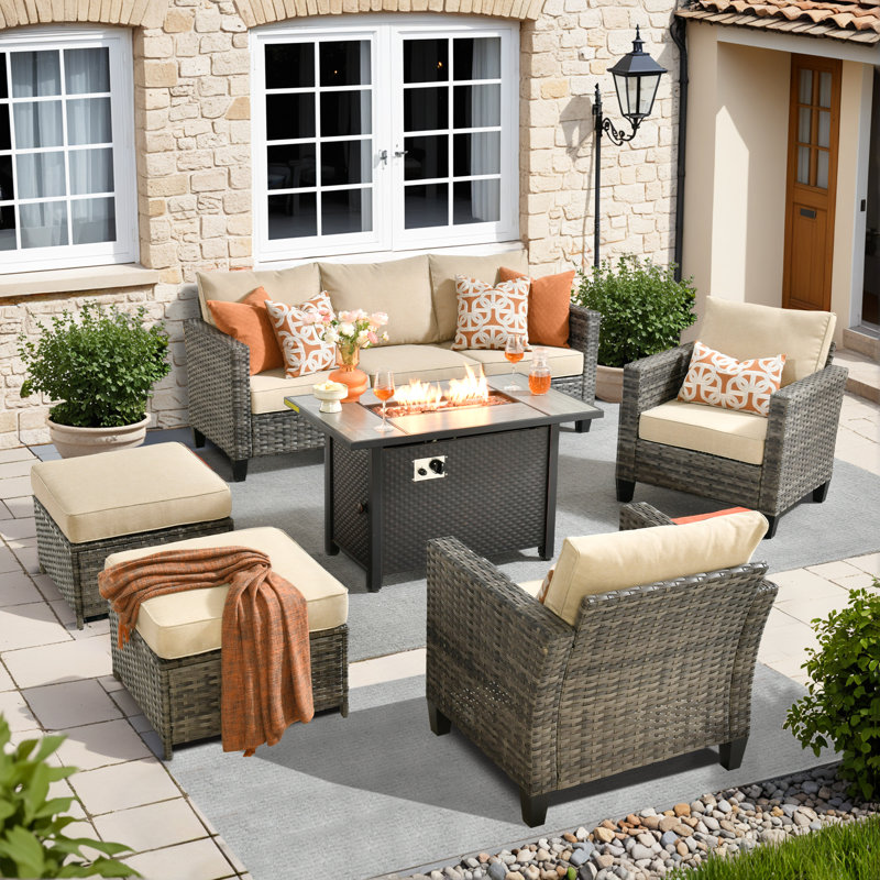 Harbin Wicker 5 Piece Rattan Sofa Seating Group with Cushions with Armchairs, Beige, Yes