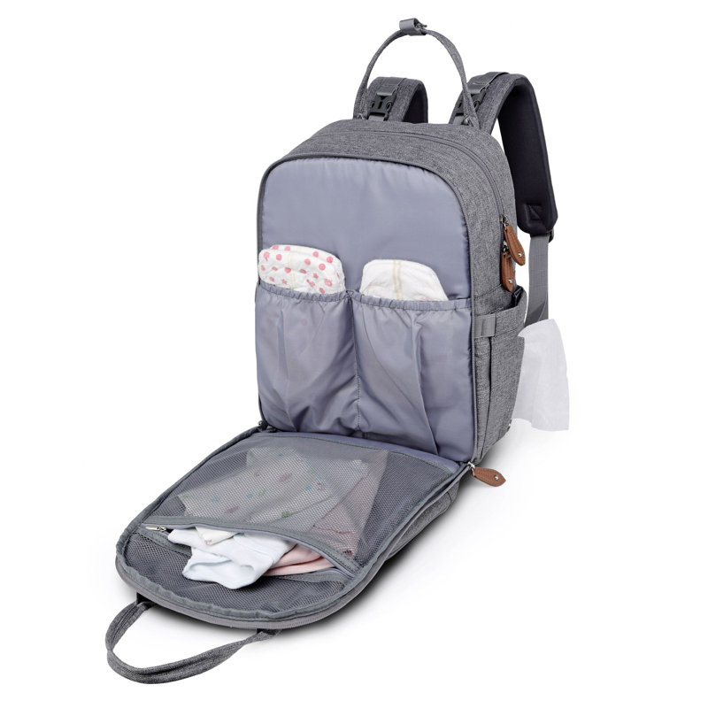  Sac à dos avec sac à langer avec matelas à langer portable, étui à sucette et sangles de poussette, gris, Grey