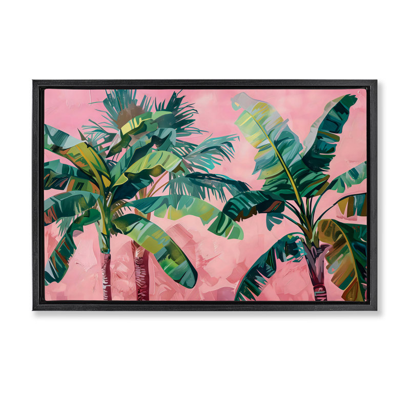 Dessus de palmiers sur cadre flottant rose, design par LSR Design Studio, H 17 po x l 25 po, Cadre flottant noir de jais