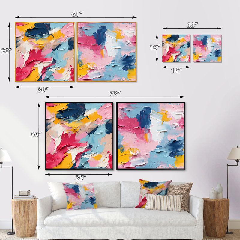 Aquarelle, superposition de rayures bleues et roses - ensemble de 2 collages carrés abstraits, H 16 po x l 33 po