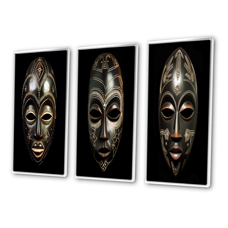 Masque africain traditionnel Ethnique VI - ensemble d'art mural tribal africain de 3, H 32 po x l 48 po, Cadre blanc