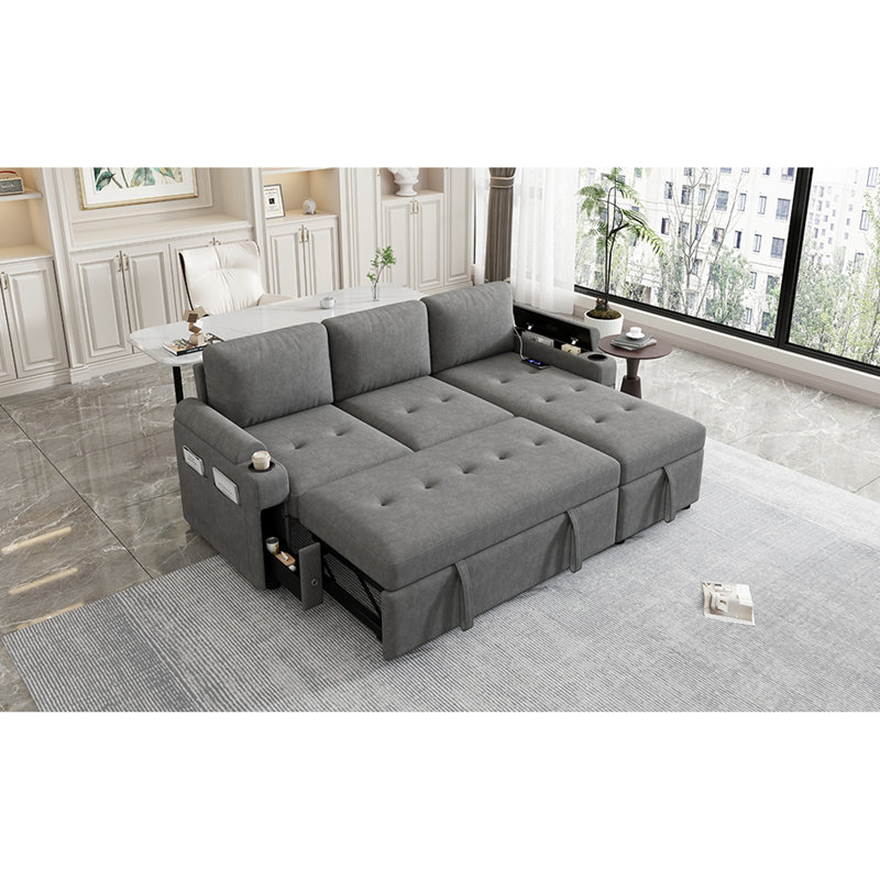 Convertible en L avec poches latérales, porte-gobelets, hublots, gris, rangement pratique, revêtement en chenille, gris pour le décor du salon