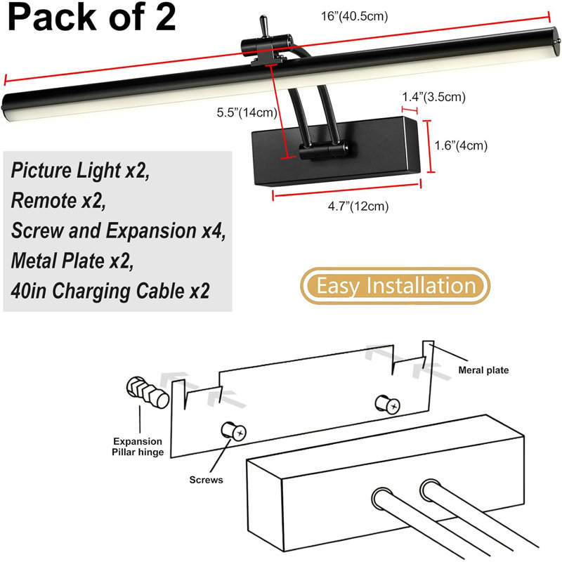 16'' Dimmable Wall Mount Picture Light with Remote, Black