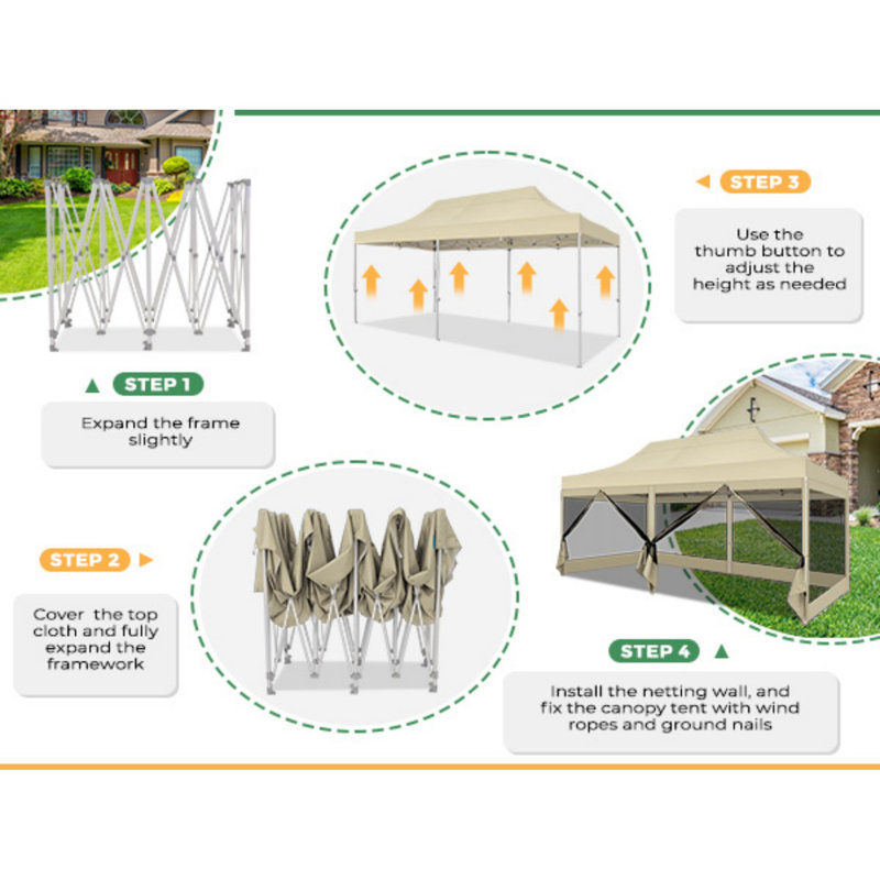 10'Wx20'D Heavy Duty Canopy Tent, Pop up Gazebo with Netting Screened, Khaki