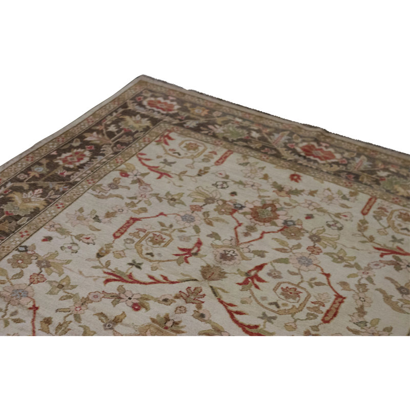 Tapis crème et noyer de haute qualité noué à la main, Rectangle 6 pi x 9 pi 1 po