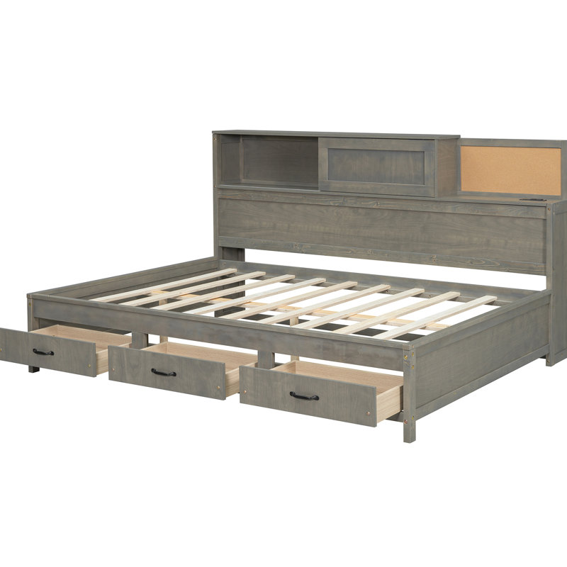 Full Size Gray Wooden Daybed With Storage Function, Shelf, And Device - Charging Outlets For Electronics Daybed, Offering 3 Drawers, Tech