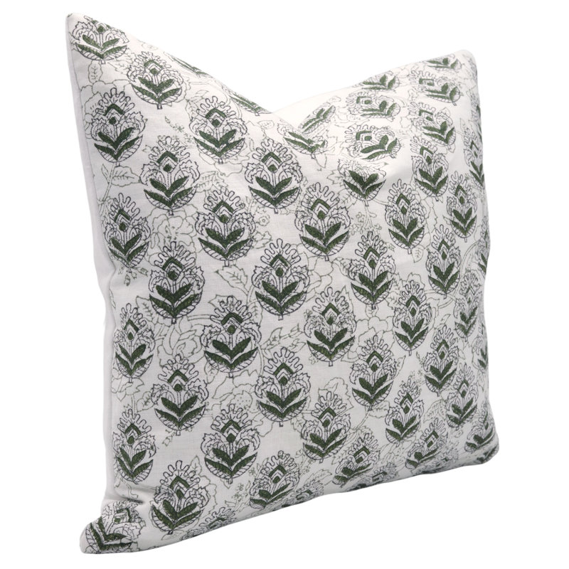 Block Print Throw Pillow Cover MNHGRTLSquare, Green Floral 3, Square 16"