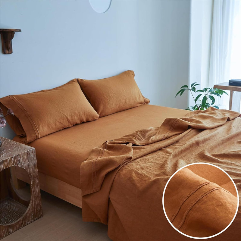 Ensemble de draps 104% lin, Embroidery Rust, Queen Sheet Set with 2 Pillowcases