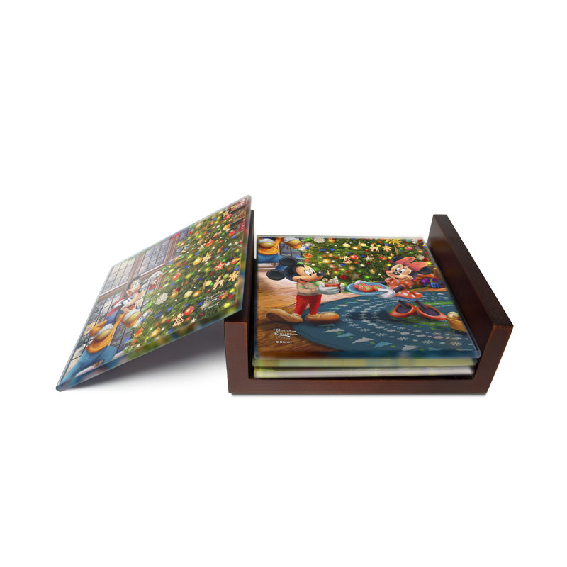 (Symboles) Ensemble de sous-verres en verre Starfire, Disney / Micky et Minnie coupant l'arbre