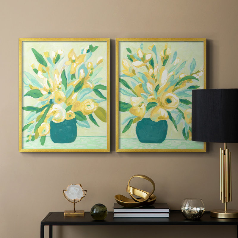 «Mint & Sunshine Bouquet I», reproduction encadrée de qualité supérieure - prête à être accrochée - aucun clou requis - aucun clou requis