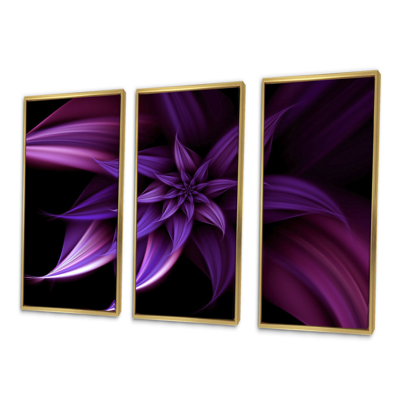 Fractale fleur mauve - 3 pièces, cadre flottant, impression sur toile, H 20 po x l 36 po, Or