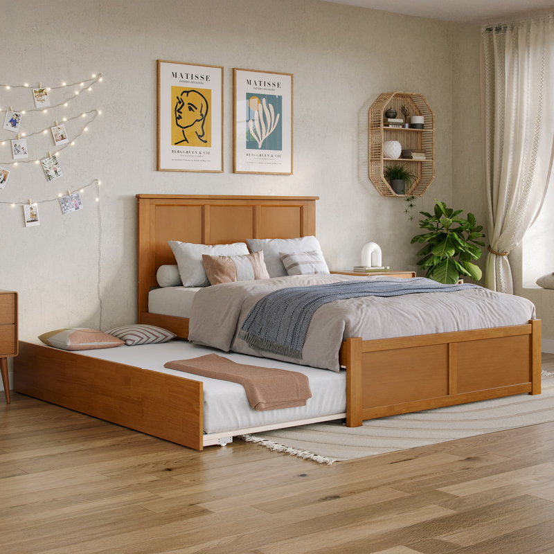 Maud Solid Wood Platform Bed with Footboard & Full Trundle, Light Toffee