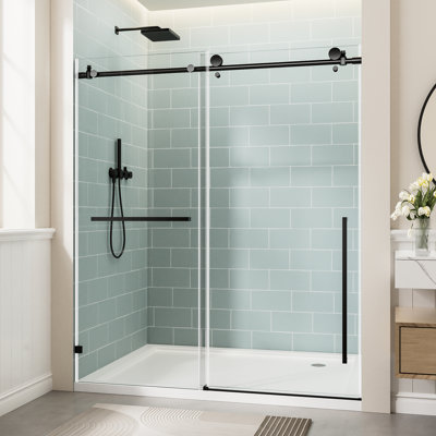 Porte de douche coulissante simple, 56 à 60 pouces de largeur, 78 pouces de hauteur, verre trempé 3/8 de 10 mm avec film brisé, quincaillerie en acier inoxydable noir, cadre et poignée de baignoire larges d'aspect imperméable