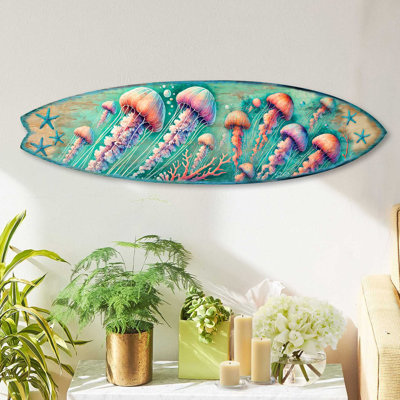 Jellyfish Surfboard Wall Art - Handcrafted Underwater Coastal Decor By G.Debrekht - Ocean-Inspired Wooden Accent For Indoor & Outdoor