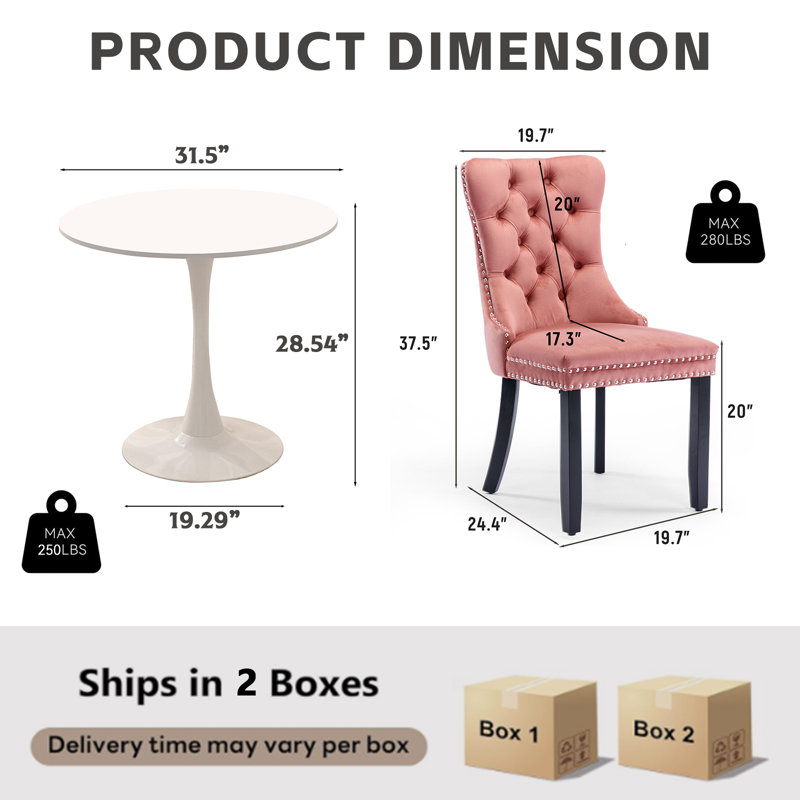 Ensemble de table de salle à manger rond avec 2 chaises , Blanc, Rose/noir