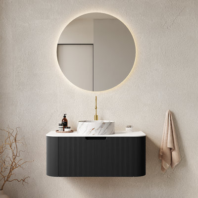 Meuble-lavabo mural de 36 po, lavabo rond blanc avec textures de pierre, armoire de rangement noire, conception 3D à trois côtés, tiroir à pleine extension, installation facile à installer
