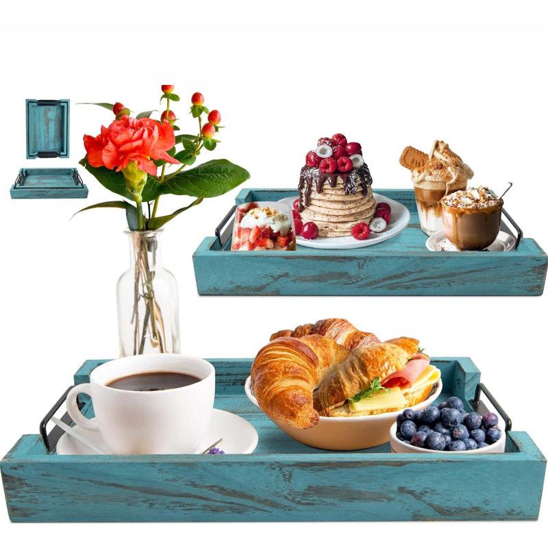 Rustic Wooden Serving Trays With Handle - Set Of 2 - Large And Small Nesting Multipurpose Trays - For Breakfast, Coffee Table/Butler & More - Rustic White