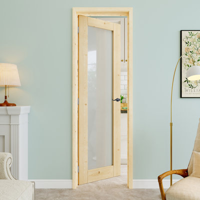 18" x 80" 1-Lite Pine Wood & Frosted Glass Interior Prehung Door with Curve Lever and Silver Hinges, Privacy Glass Door Slab, Paintable & Waterproof, Suit for Laundry, Closet Doors, Room Doors, Left Hand