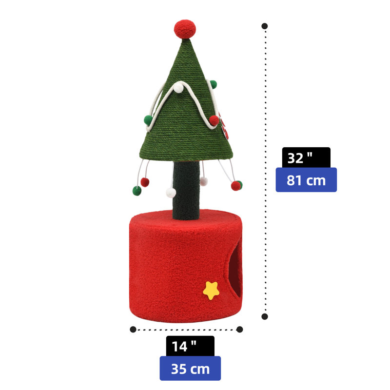 Festive Green and Red Sisal Christmas Cat Tree with Hideaway Cave