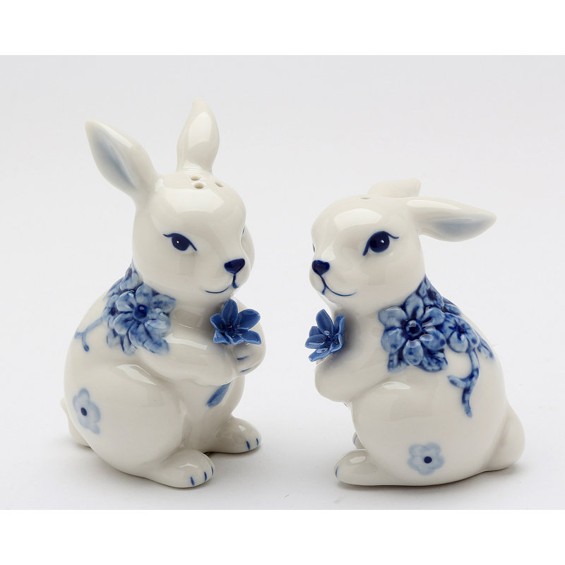 Hand-Painted White and Blue Ceramic Bunny Salt & Pepper Shakers