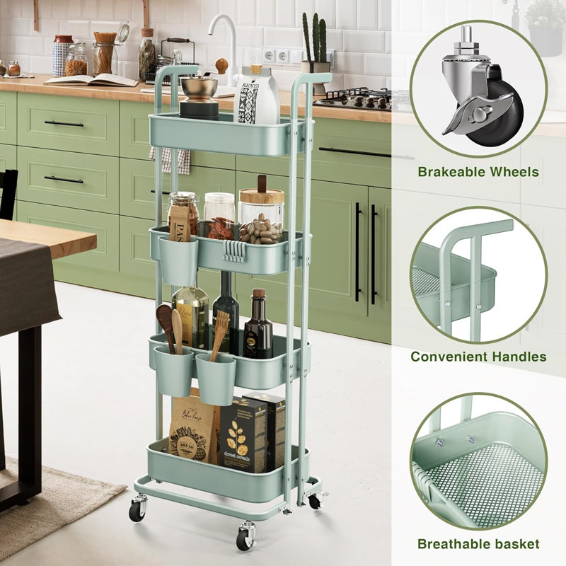 4 Tier Foldable Rolling Cart, Metal Utility Cart with Lockable Wheels, Folding Storage Trolley, Green