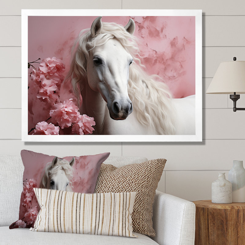 Cheval rose blanc doux beauté - art mural cheval, H 24 po x l 32 po x P 1 po, Cadre simple blanc