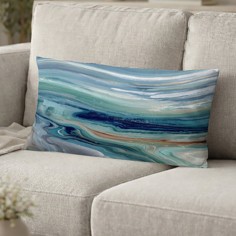 Coussin décoratif imprimé à motif de rivière liquide abstrait vert et bleu - Coussin décoratif côtier, H 12 po x l 20 po