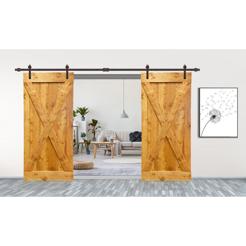 Panelled Wood Stained X Series Double Pre Assembled Barn Door With Sliding Hardware Kit, Colonial Maple, 36'' x 84''
