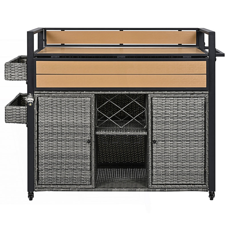 Chariot de barbecue extérieur en osier avec plateau de table allongé, îlot de cuisine roulant, armoire de rangement, armoire d'appoint