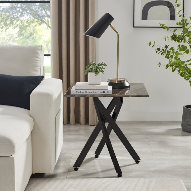 Leonardo Side Table Grey Glass Marble Top Silver Legs, Black Powder Coated Metal, Grey Marble Effect